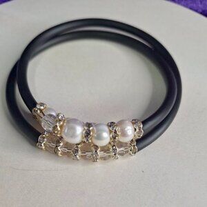 "Midnight Empress" Wrap Bracelet with Pearls & White Stones in Gold